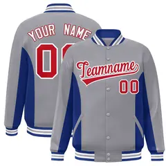 Gray Royal-Red Color Block Varsity Full-Snap Letterman Baseball Jacket