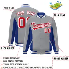 Gray Royal-Red Color Block Varsity Full-Snap Letterman Baseball Jacket 2