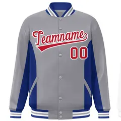 Gray Royal-Red Color Block Varsity Full-Snap Letterman Baseball Jacket 3