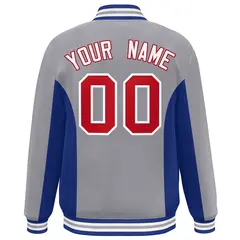 Gray Royal-Red Color Block Varsity Full-Snap Letterman Baseball Jacket 4