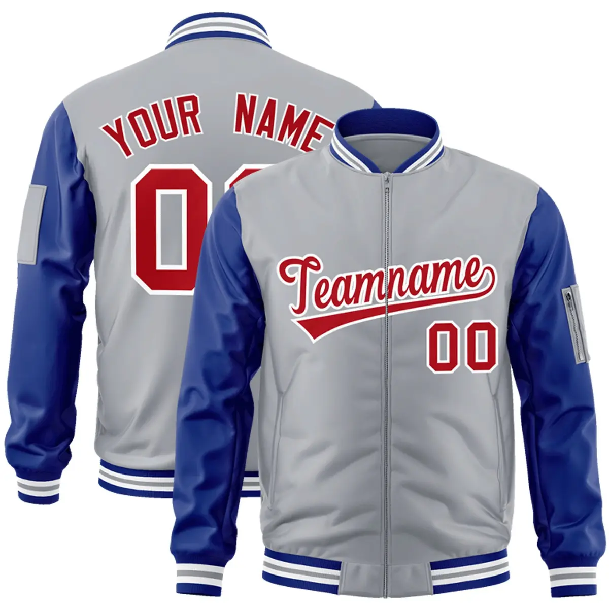 Gray Royal-Red Raglan Sleeves Letterman Bomber Jacket