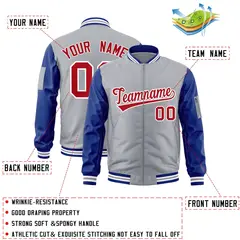 Gray Royal-Red Raglan Sleeves Letterman Bomber Jacket 2