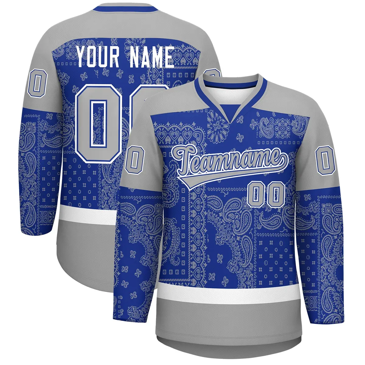 Gray Royal White Cashew Flower Graffiti V-Neck Hockey Jersey