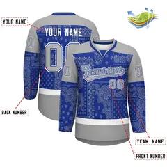 Gray Royal White Cashew Flower Graffiti V-Neck Hockey Jersey 2