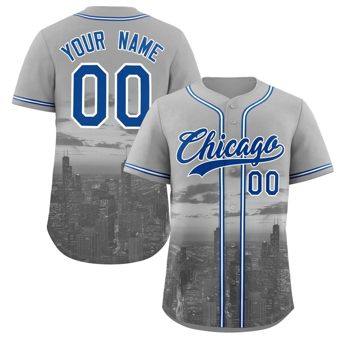 Gray Royal-White Chicago City Skyline Baseball Jersey