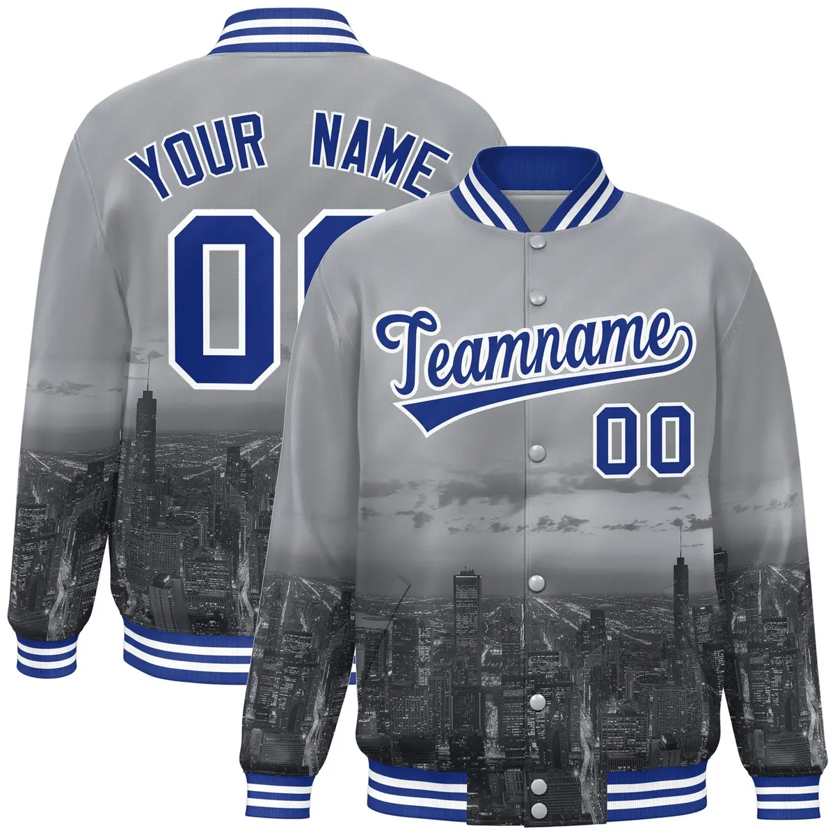 Gray Royal-White Chicago City Skyline Varsity Full-Snap Track Jacket