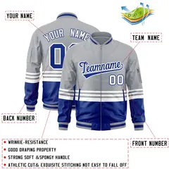Gray Royal-White Color Block Full-Zip Letterman Bomber Jacket 2
