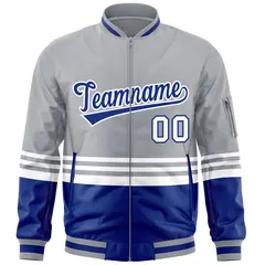 Gray Royal-White Color Block Full-Zip Letterman Bomber Jacket 3