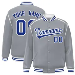 Gray Royal-White Color Block Ribbon Varsity Full-Snap Bomber Jacket