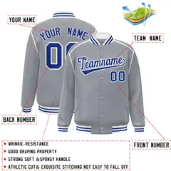 Gray Royal-White Color Block Ribbon Varsity Full-Snap Bomber Jacket 2