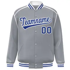 Gray Royal-White Color Block Ribbon Varsity Full-Snap Bomber Jacket 3