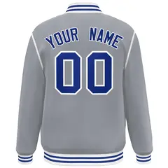 Gray Royal-White Color Block Ribbon Varsity Full-Snap Bomber Jacket 4