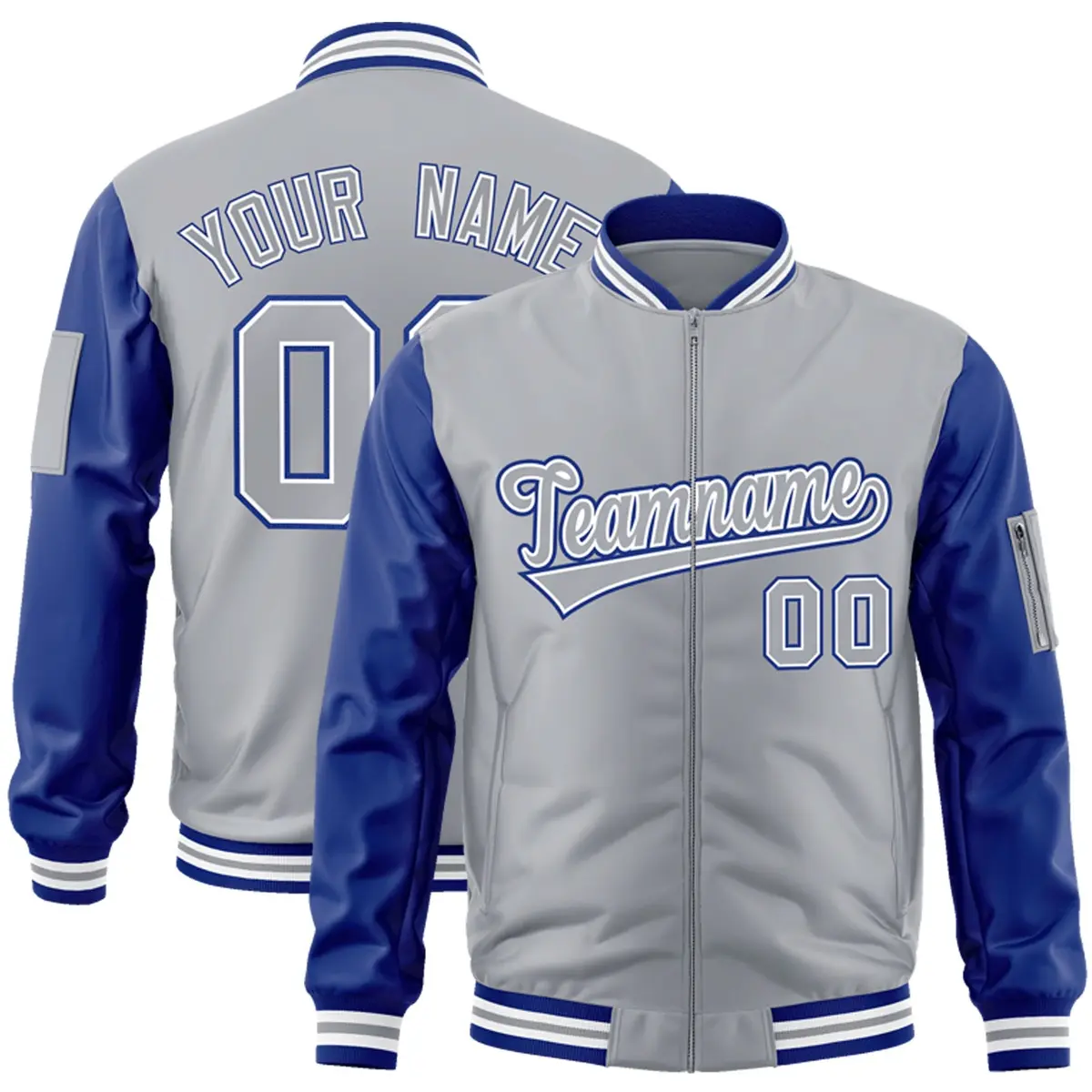 Gray Royal-White Raglan Sleeves Letterman Bomber Jacket