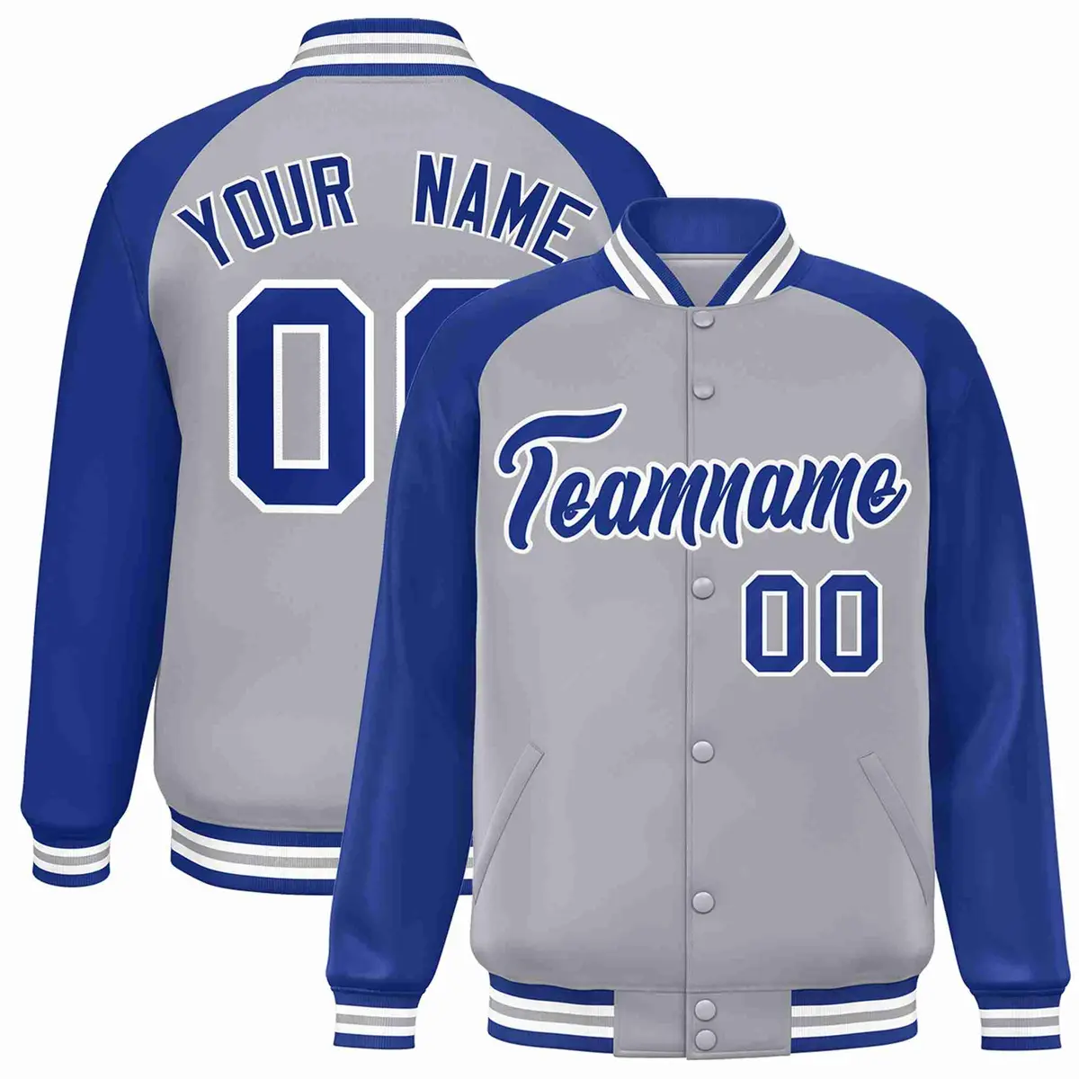 Gray Royal-White Raglan Sleeves Varsity Full-Snap Letterman Jacket