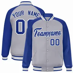 Gray Royal-White Raglan Sleeves Varsity Full-Snap Letterman Jacket
