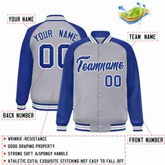 Gray Royal-White Raglan Sleeves Varsity Full-Snap Letterman Jacket 2