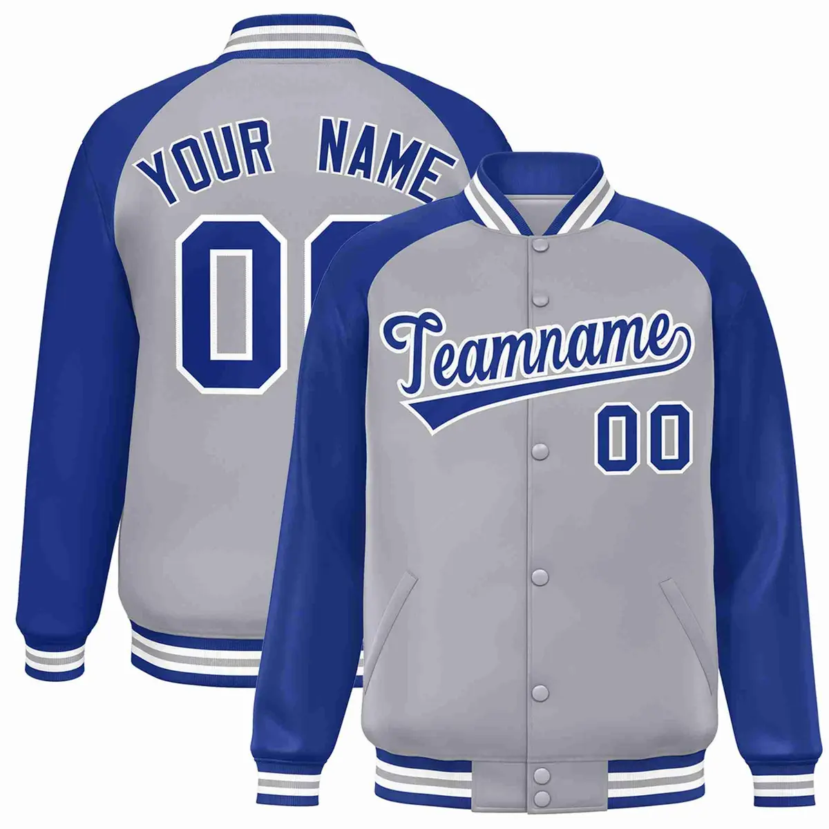 Gray Royal-White Raglan Sleeves Varsity Full-Snap Letterman Jacket