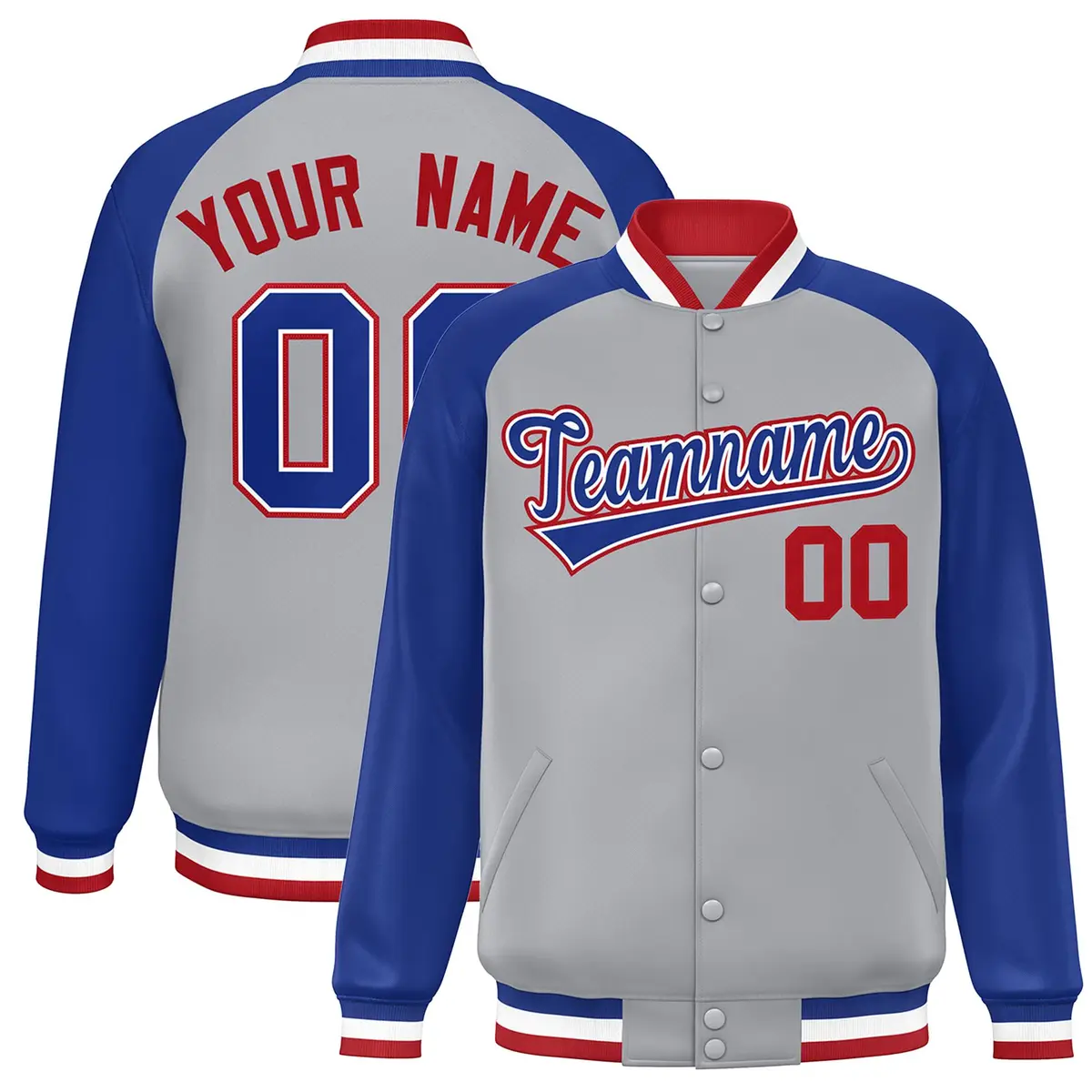 Gray Royal-White Raglan Sleeves Varsity Full-Snap Letterman Jacket