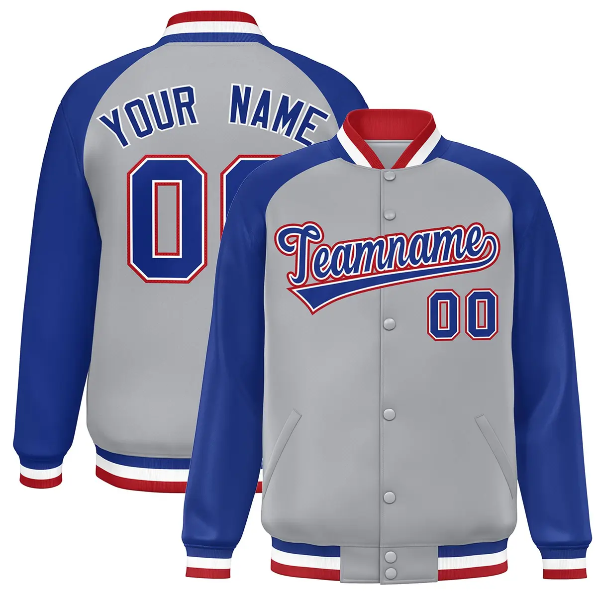 Gray Royal-White Raglan Sleeves Varsity Full-Snap Letterman Jacket