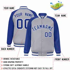 Gray Royal-White Raglan Sleeves Varsity Full-Snap Letterman Jacket 2