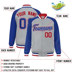Gray Royal-White Raglan Sleeves Varsity Full-Snap Letterman Jacket 2