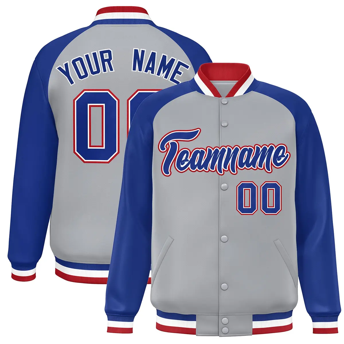 Gray Royal-White Raglan Sleeves Varsity Full-Snap Letterman Jacket