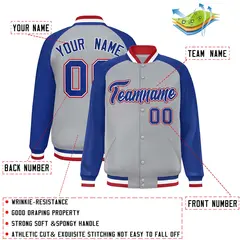 Gray Royal-White Raglan Sleeves Varsity Full-Snap Letterman Jacket 2