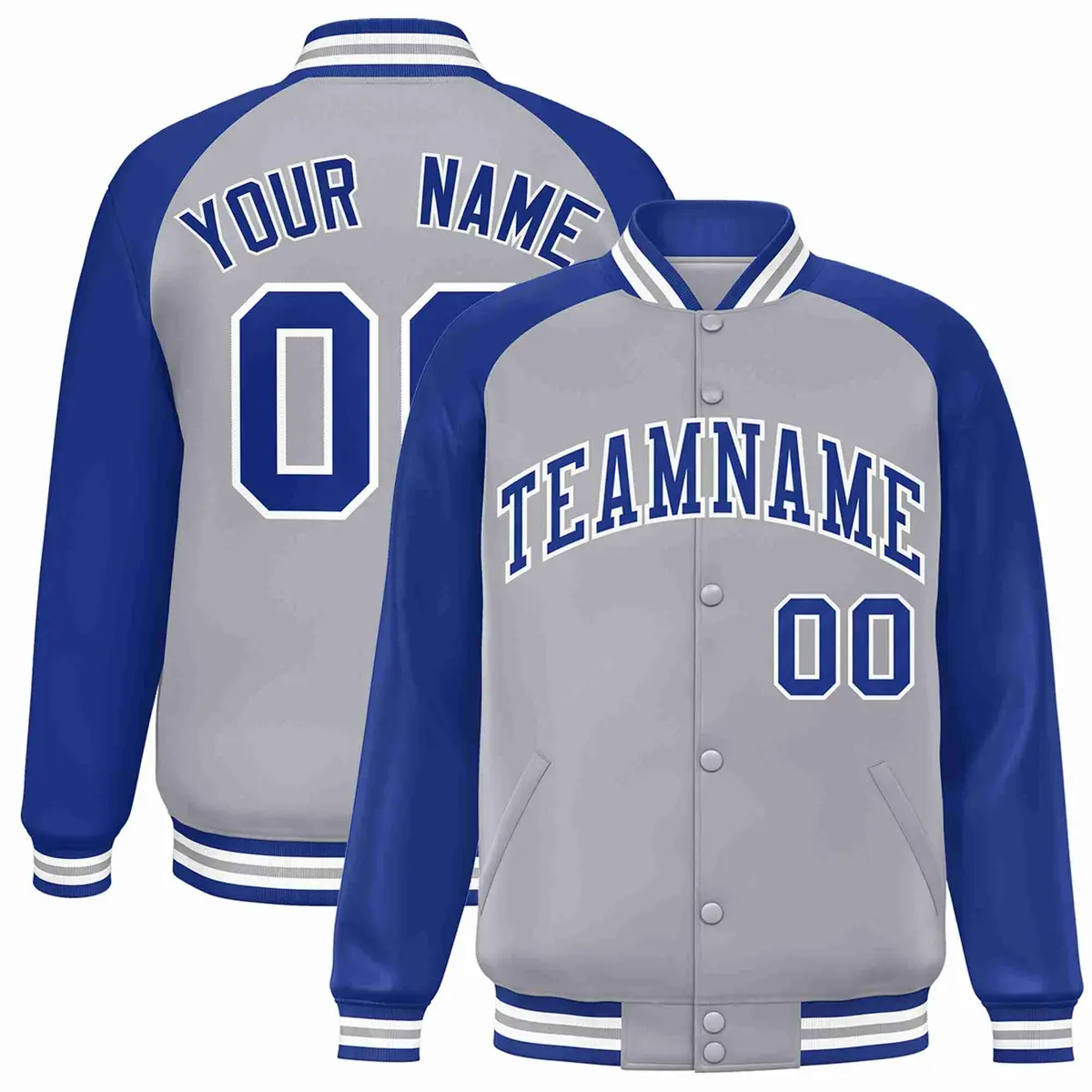 Gray Royal-White Raglan Sleeves Varsity Full-Snap Letterman Jacket