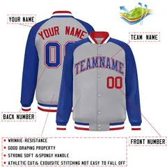 Gray Royal-White Raglan Sleeves Varsity Full-Snap Letterman Jacket 2