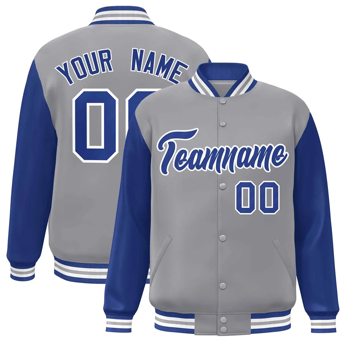 Gray Royal-White Raglan Sleeves Varsity Full-Snap Letterman Jacket
