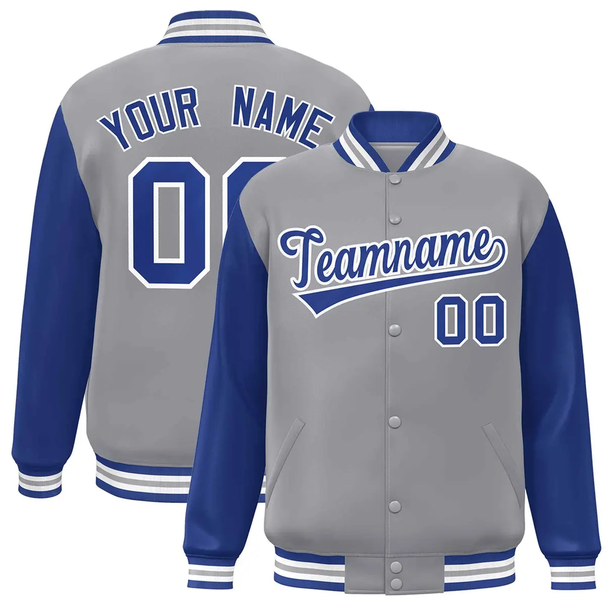Gray Royal-White Raglan Sleeves Varsity Full-Snap Letterman Jacket