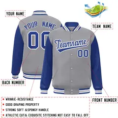 Gray Royal-White Raglan Sleeves Varsity Full-Snap Letterman Jacket 2