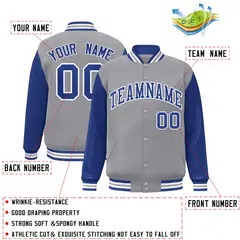 Gray Royal-White Raglan Sleeves Varsity Full-Snap Letterman Jacket 2
