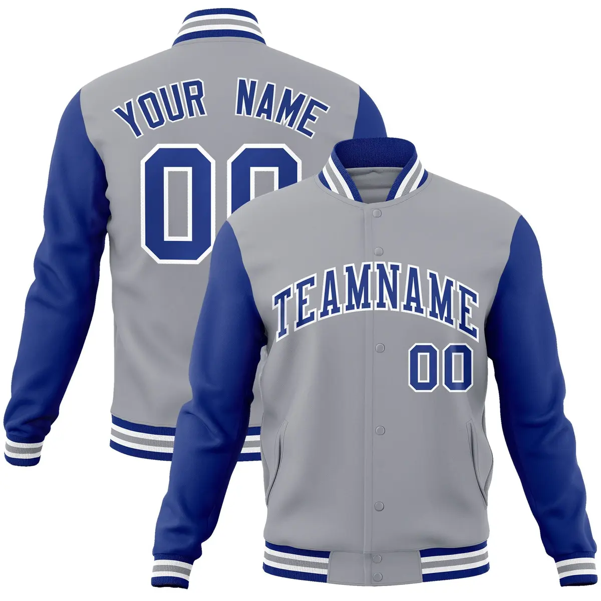 Gray Royal-White Raglan Sleeves Varsity Full-Snap Letterman Jacket