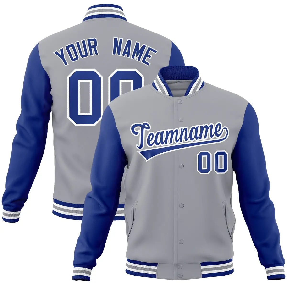 Gray Royal-White Raglan Sleeves Varsity Full-Snap Letterman Jacket