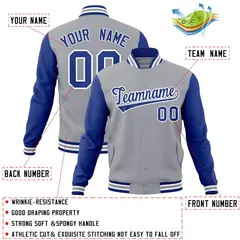 Gray Royal-White Raglan Sleeves Varsity Full-Snap Letterman Jacket 4