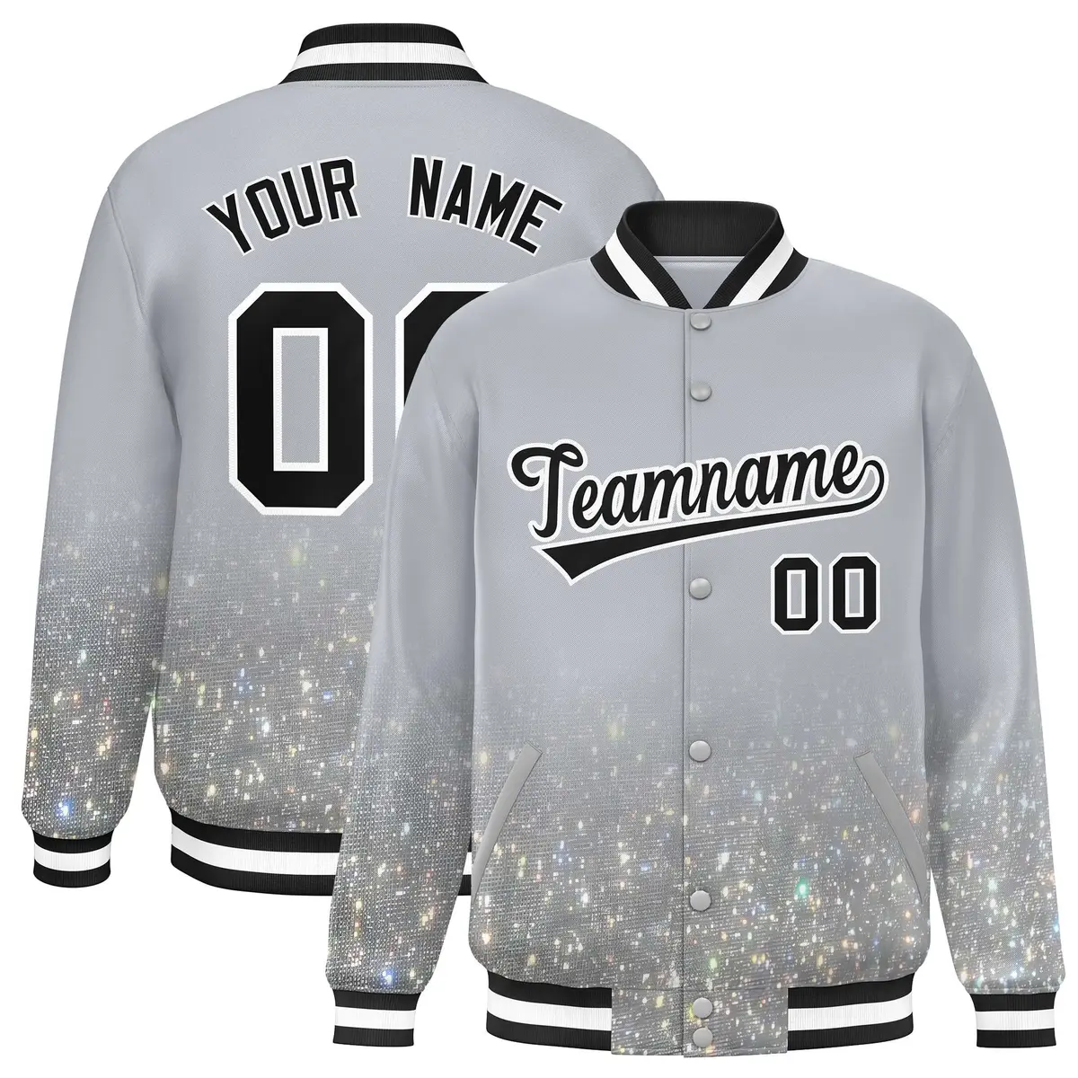 Gray Sparkle-Effect Varsity Full-Snap Letterman Baseball Jacket