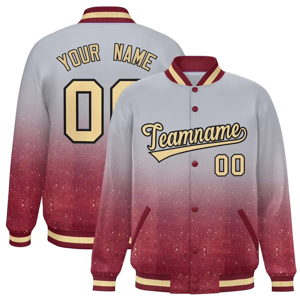Gray Sparkle-Effect Varsity Full-Snap Letterman Baseball Jacket