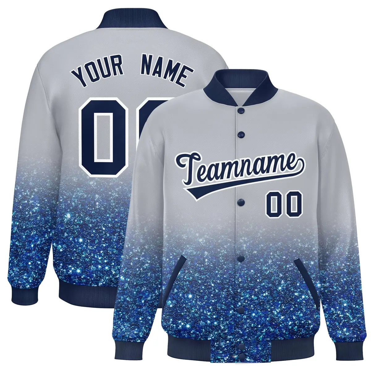 Gray Sparkle-Effect Varsity Full-Snap Letterman Baseball Jacket