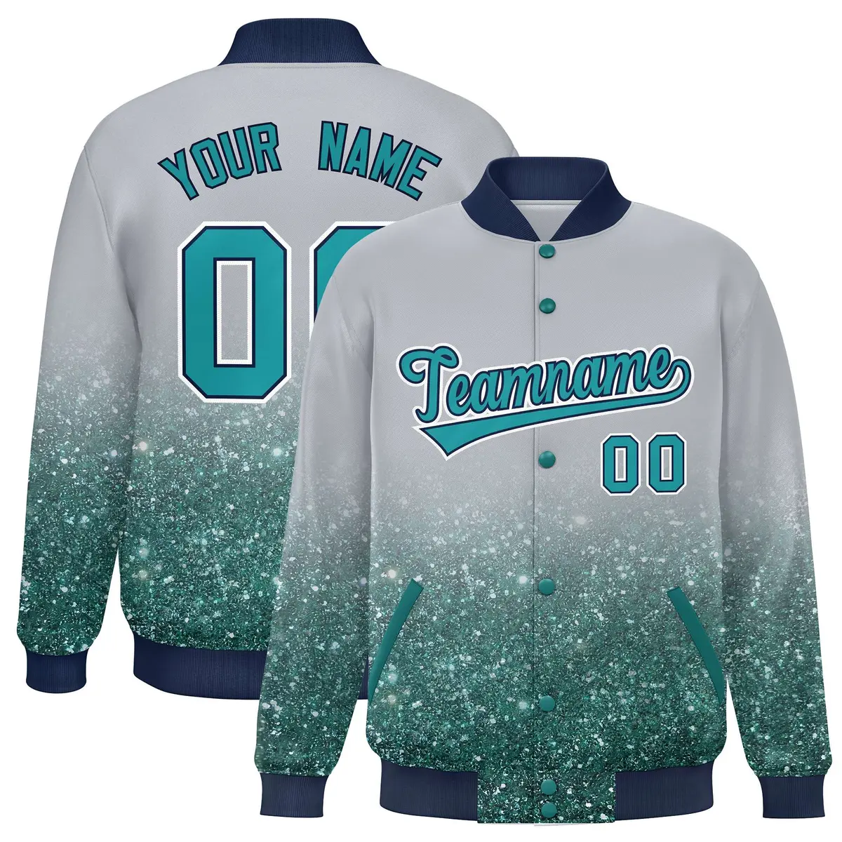 Gray Sparkle-Effect Varsity Full-Snap Letterman Baseball Jacket