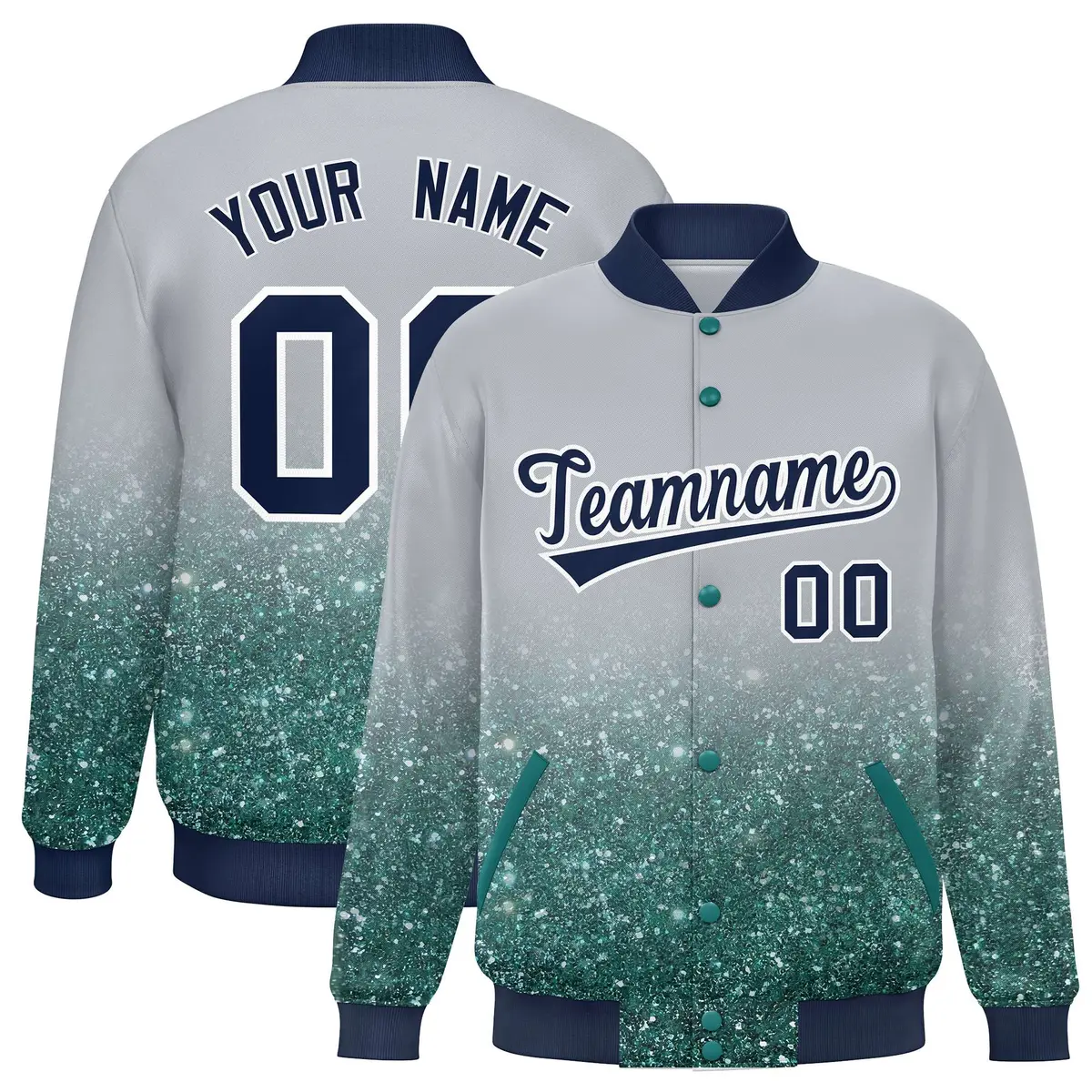 Gray Sparkle-Effect Varsity Full-Snap Letterman Baseball Jacket