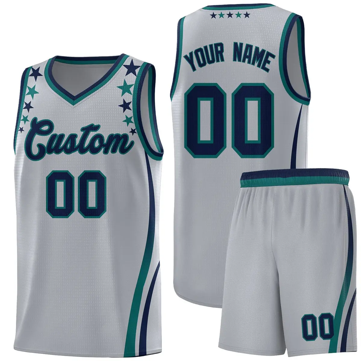 Gray Star Pattern Color Block Shoulders Basketball Jersey