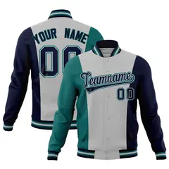 Gray Teal Navy Three-Color Block Varsity Letterman Jacket