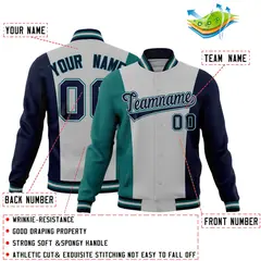 Gray Teal Navy Three-Color Block Varsity Letterman Jacket 2
