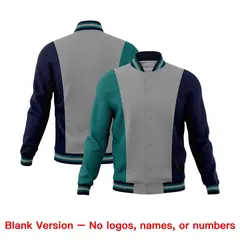 Gray Teal Navy Three-Color Block Varsity Letterman Jacket 7