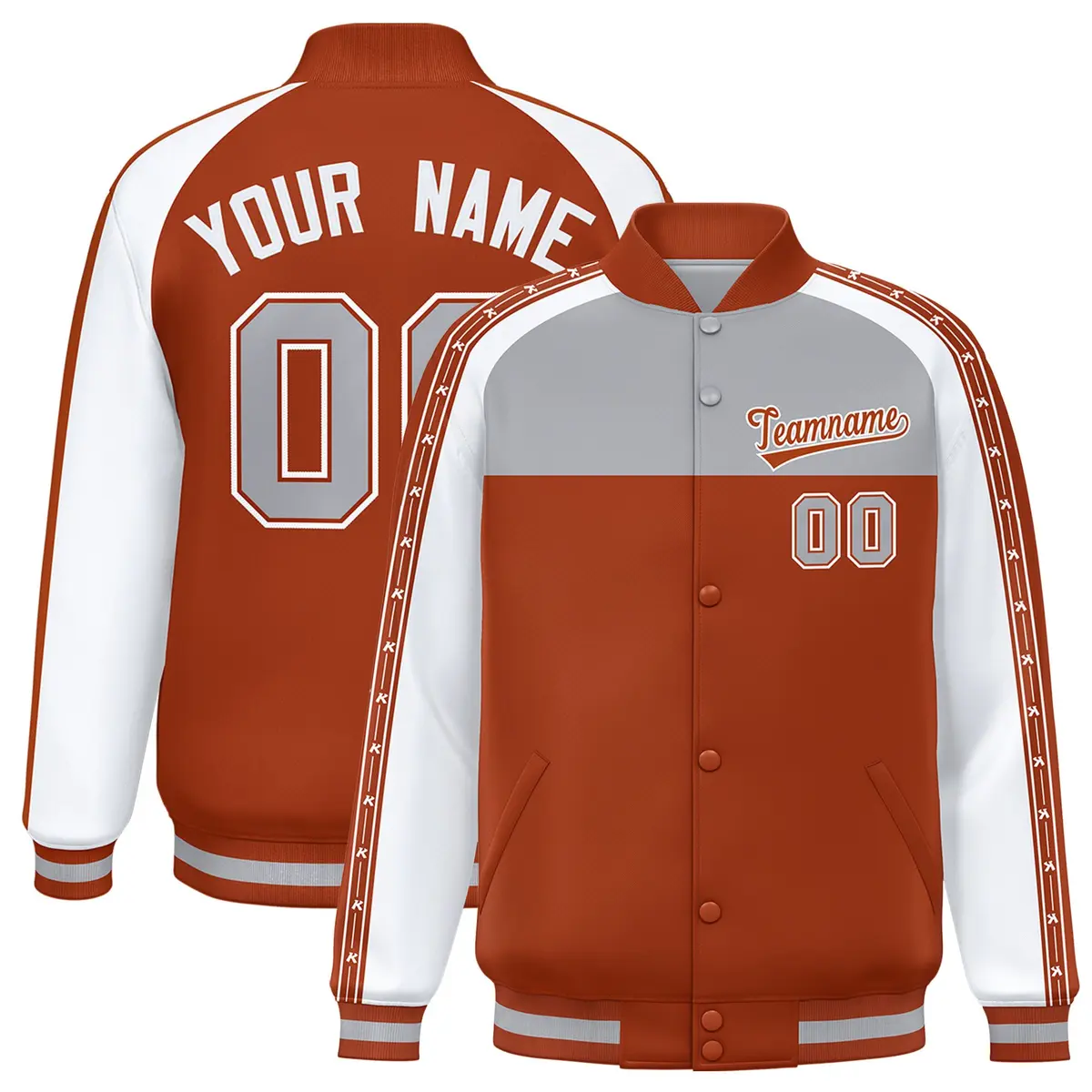 Gray Texas Orange K-Ribbon Raglan Color Block Full-Snap Letterman Jacket