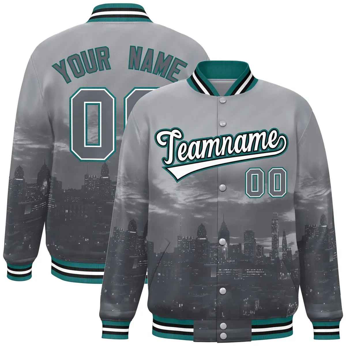 Gray White-Aqua Philadelphia Skyline Track Varsity Full-Snap Jacket