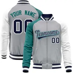 Gray White-Aqua Varsity Full-Zip Raglan Letterman Baseball Jacket 1