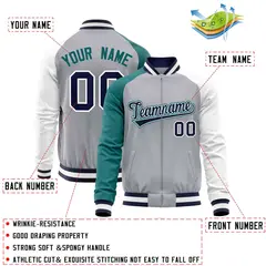 Gray White-Aqua Varsity Full-Zip Raglan Letterman Baseball Jacket 4
