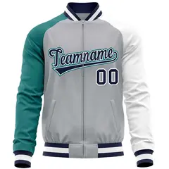 Gray White-Aqua Varsity Full-Zip Raglan Letterman Baseball Jacket 5
